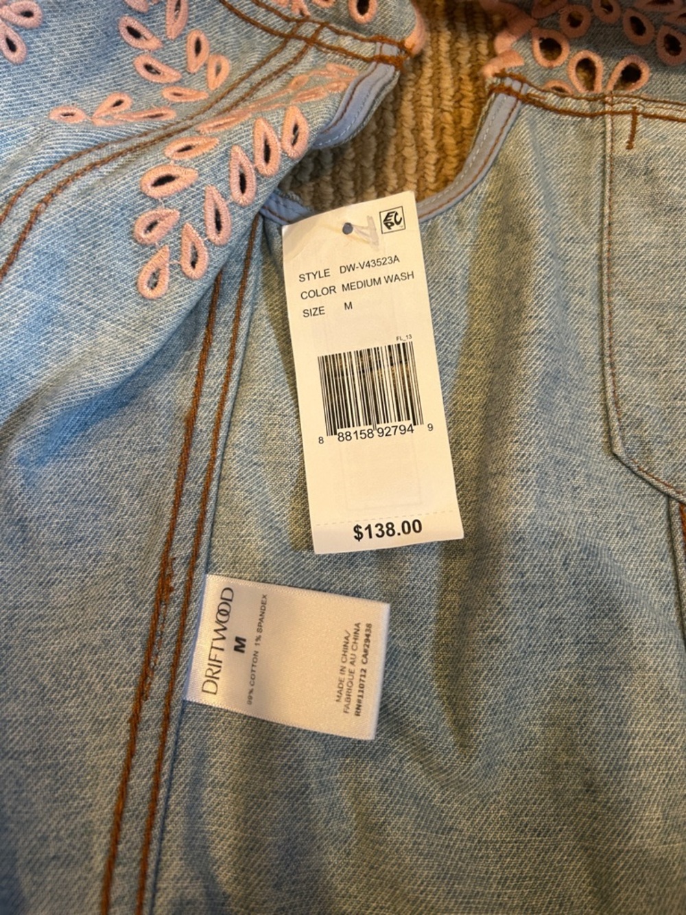 NWT FP x DRIFTWOOD Light Blue pink embroidered Denim vest size medium - Picture 7 of 11